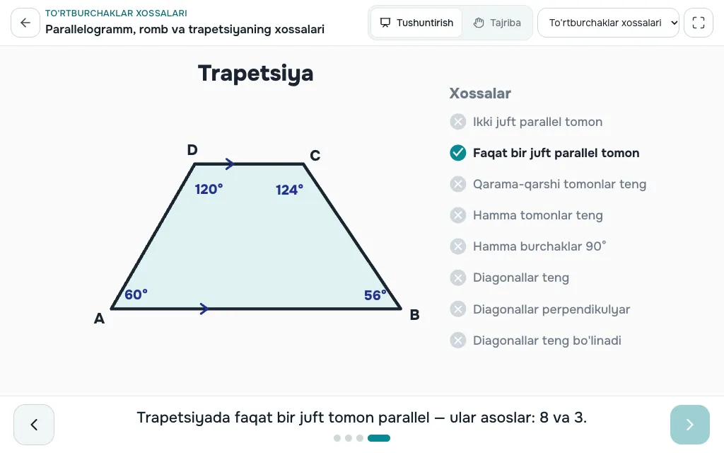 To'rtburchaklar xossalari simulyatori — ekran ko'rinishi