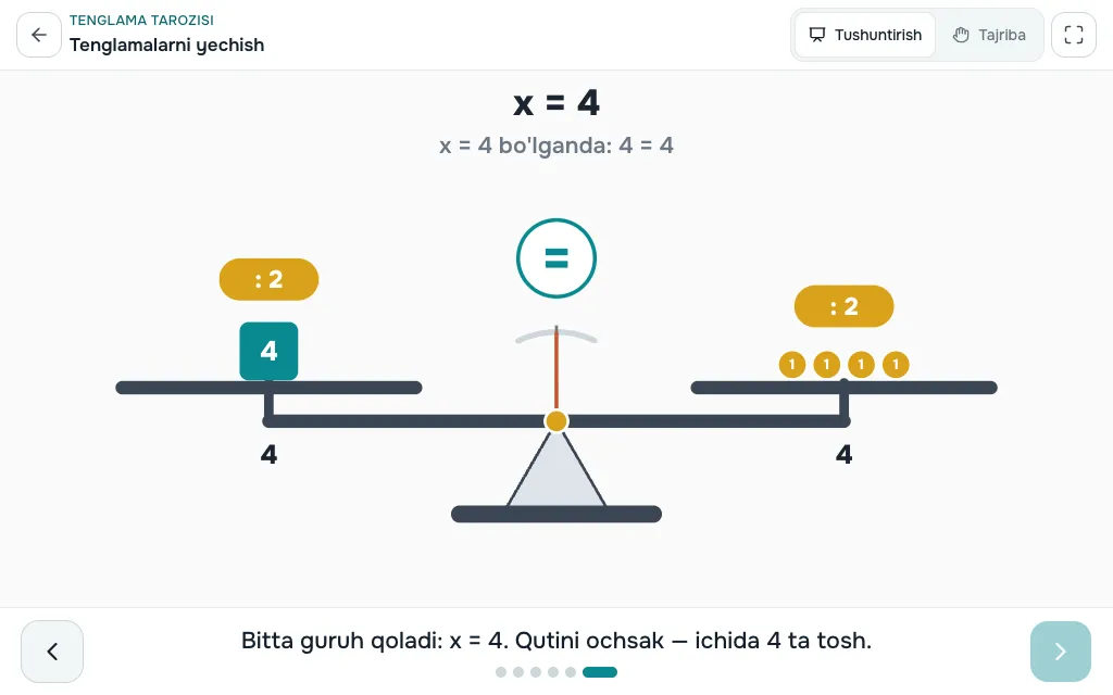 Tenglama tarozisi simulyatori — ekran ko'rinishi