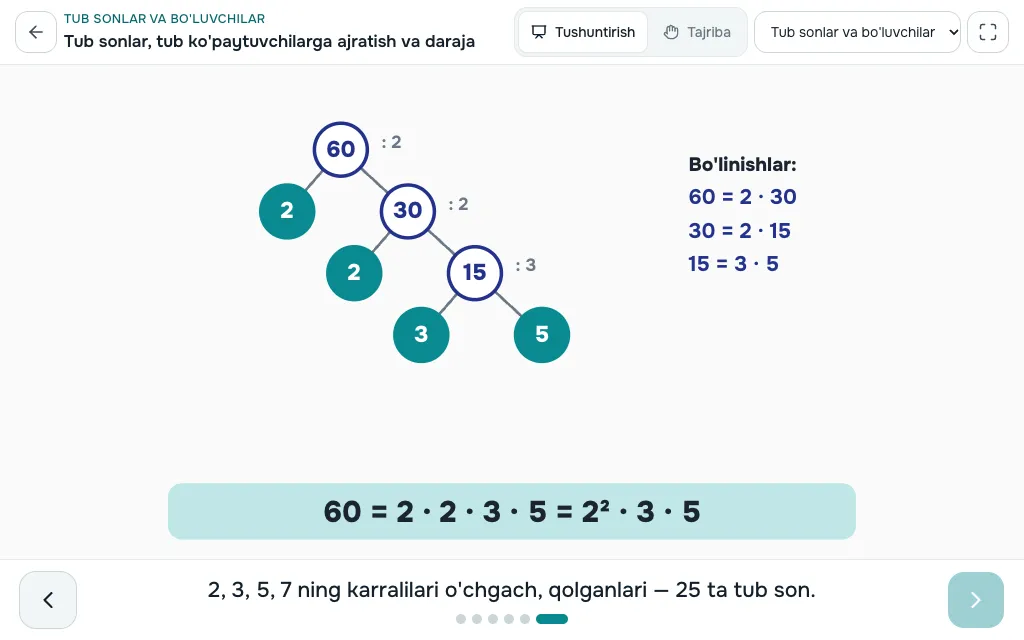 Tub sonlar va bo'luvchilar simulyatori — ekran ko'rinishi